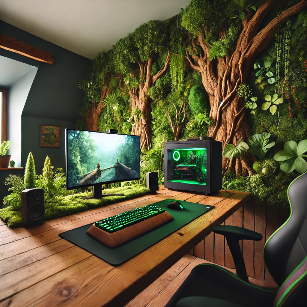 A gaming setup themed like a lush forest, with greenery covering the desk and walls, a wooden mouse and keyboard, and a treelike background. The room gives off an earthy and serene vibe, perfect for nature-loving gamers.

